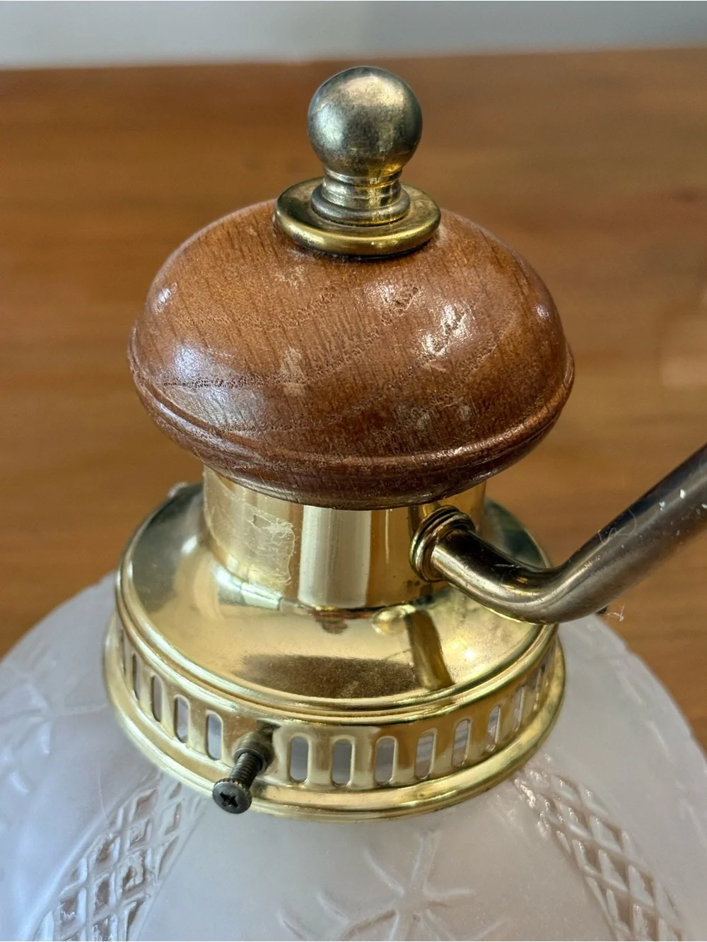 Brass and Frosted Glass Wall Sconce with Wood Accents - White